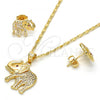 Oro Laminado Earring and Pendant Adult Set, Gold Filled Style Elephant Design, with White and Ruby Micro Pave, Polished, Golden Finish, 10.199.0079