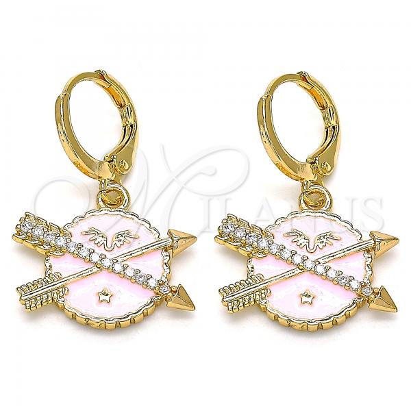 Oro Laminado Dangle Earring, Gold Filled Style Star Design, with White Micro Pave, Pink Enamel Finish, Golden Finish, 02.377.0024.1