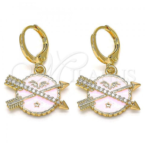 Oro Laminado Dangle Earring, Gold Filled Style Star Design, with White Micro Pave, Pink Enamel Finish, Golden Finish, 02.377.0024.1