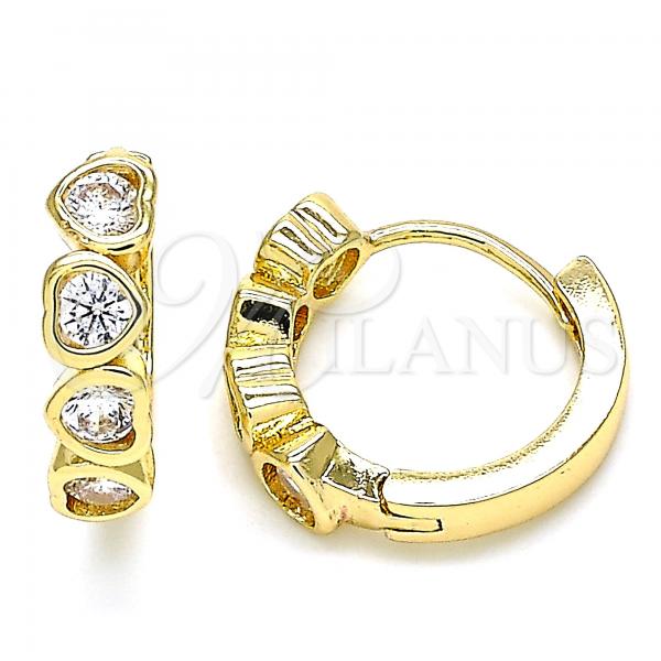 Oro Laminado Huggie Hoop, Gold Filled Style Heart Design, with White Cubic Zirconia, Polished, Golden Finish, 02.237.0029.3.15