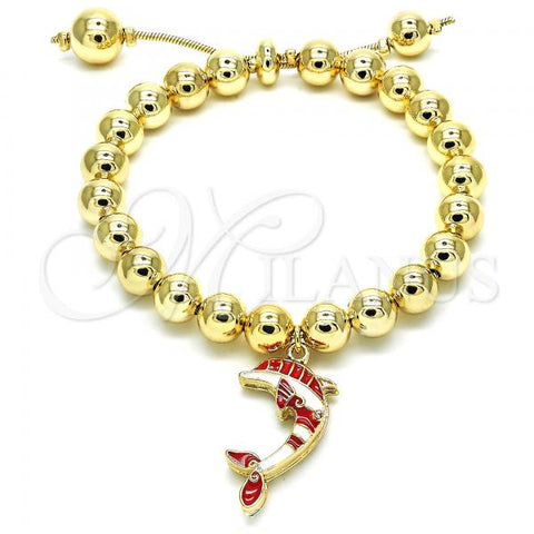Oro Laminado Adjustable Bolo Bracelet, Gold Filled Style Dolphin and Ball Design, with White Crystal, Red Enamel Finish, Golden Finish, 03.63.2035.08