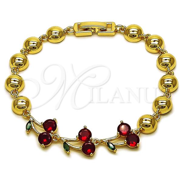 Oro Laminado Fancy Bracelet, Gold Filled Style Cherry and Ball Design, with Garnet and Green Cubic Zirconia, Polished, Golden Finish, 03.283.0485.07