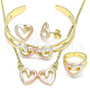Oro Laminado Necklace, Bracelet, Earring and Ring, Gold Filled Style Heart Design, Polished, Tricolor, 06.361.0024