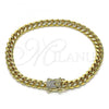 Oro Laminado Basic Bracelet, Gold Filled Style Miami Cuban Design, with White Micro Pave, Polished, Golden Finish, 04.156.0465.08