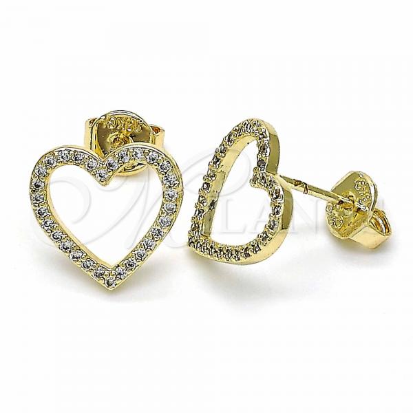 Oro Laminado Stud Earring, Gold Filled Style Heart Design, with White Micro Pave, Polished, Golden Finish, 02.94.0117