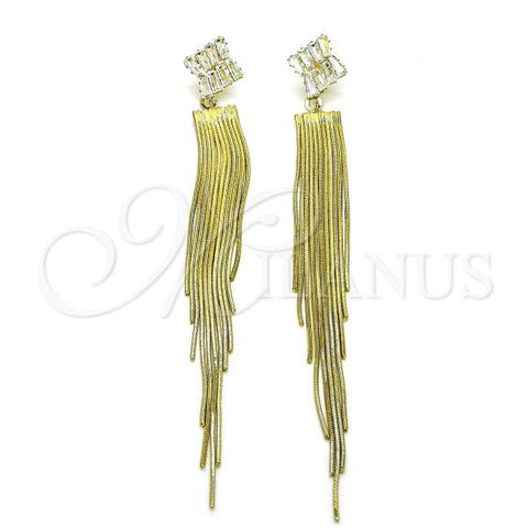 Oro Laminado Long Earring, Gold Filled Style Baguette and Rat Tail Design, with White Cubic Zirconia, Polished, Golden Finish, 02.268.0110