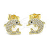 Oro Laminado Stud Earring, Gold Filled Style Dolphin Design, with White and Black Micro Pave, Polished, Golden Finish, 02.156.0584