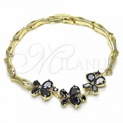 Oro Laminado Fancy Bracelet, Gold Filled Style Butterfly and Fish Design, with Black Cubic Zirconia, Polished, Golden Finish, 03.316.0075.07
