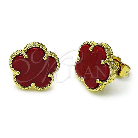 Oro Laminado Stud Earring, Gold Filled Style Flower Design, with Garnet Opal, Polished, Golden Finish, 02.313.0004.1