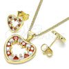 Oro Laminado Earring and Pendant Adult Set, Gold Filled Style Heart Design, with Garnet and White Cubic Zirconia, Polished, Golden Finish, 10.156.0319.1