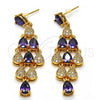Oro Laminado Long Earring, Gold Filled Style Teardrop Design, with Dark Amethyst and White Cubic Zirconia, Polished, Golden Finish, 02.206.0046