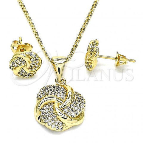 Oro Laminado Earring and Pendant Adult Set, Gold Filled Style Love Knot Design, with White Micro Pave, Polished, Golden Finish, 10.342.0059