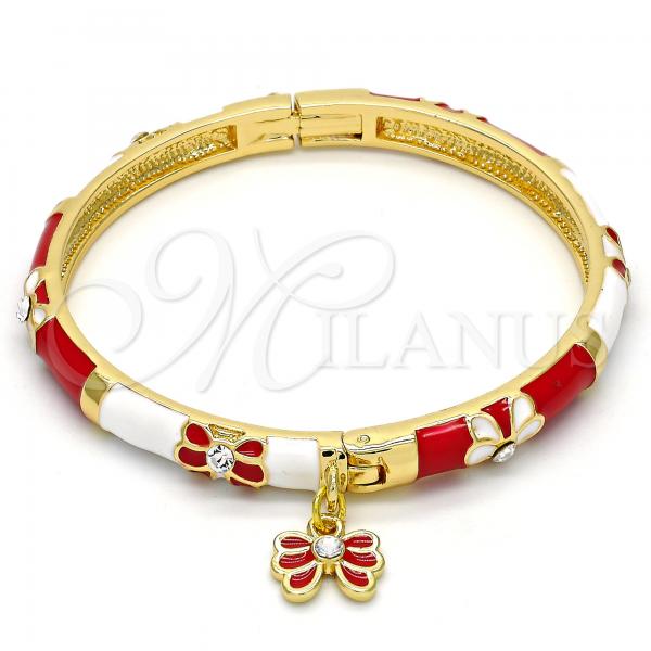 Oro Laminado Individual Bangle, Gold Filled Style Butterfly and Bow Design, with White Crystal, Red Enamel Finish, Golden Finish, 07.254.0001.1.03 (06 MM Thickness, Size 3 - 2.00 Diameter)