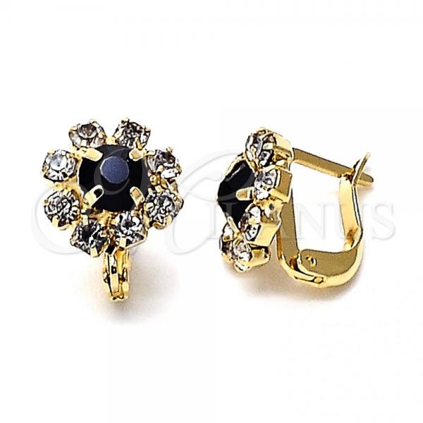 Oro Laminado Leverback Earring, Gold Filled Style Flower Design, with Black and White Cubic Zirconia, Polished, Golden Finish, 02.63.0096.3