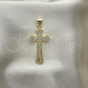 Oro Laminado Religious Pendant, Gold Filled Style Cross Design, with White Micro Pave, Polished, Golden Finish, 05.102.0050