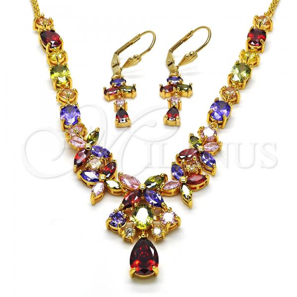 Oro Laminado Necklace and Earring, Gold Filled Style Flower and Teardrop Design, with Multicolor Cubic Zirconia, Polished, Golden Finish, 06.221.0008.1