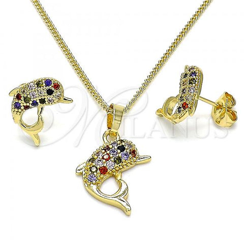 Oro Laminado Earring and Pendant Adult Set, Gold Filled Style Dolphin Design, with Multicolor Micro Pave, Polished, Golden Finish, 10.195.0029.1