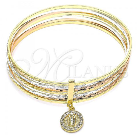 Oro Laminado Semanario Bangle, Gold Filled Style Guadalupe Design, with White Crystal, Diamond Cutting Finish, Tricolor, 07.253.0004.06 (02 MM Thickness, Size 6 - 2.75 Diameter)