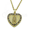 Oro Laminado Religious Pendant, Gold Filled Style Guadalupe and Heart Design, with Multicolor Micro Pave, Polished, Golden Finish, 05.284.0003