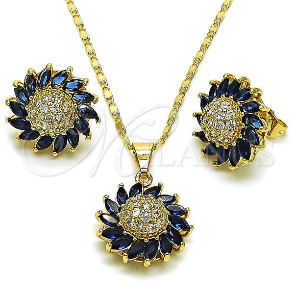 Oro Laminado Earring and Pendant Adult Set, Gold Filled Style Flower Design, with Sapphire Blue Cubic Zirconia, Polished, Golden Finish, 10.284.0048.3