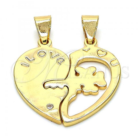 Oro Laminado Fancy Pendant, Gold Filled Style Heart and Love Design, with White Cubic Zirconia, Polished, Golden Finish, 05.179.0053