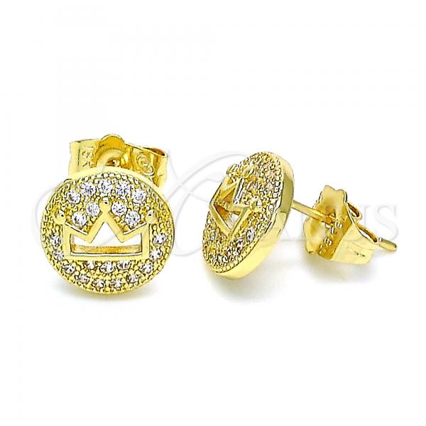 Oro Laminado Stud Earring, Gold Filled Style Crown Design, with White Micro Pave, Polished, Golden Finish, 02.156.0593