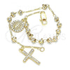 Oro Laminado Bracelet Rosary, Gold Filled Style Guadalupe and Cross Design, with White Crystal, Polished, Golden Finish, 03.253.0049.08