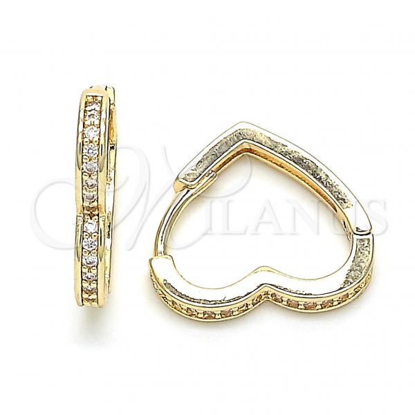 Oro Laminado Huggie Hoop, Gold Filled Style Heart Design, with White Cubic Zirconia, Polished, Golden Finish, 02.195.0108.15