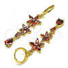 Oro Laminado Long Earring, Gold Filled Style Flower and Teardrop Design, with Garnet Cubic Zirconia, Polished, Golden Finish, 02.210.0825.2