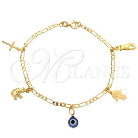 Oro Laminado Charm Bracelet, Gold Filled Style Hand of God and Evil Eye Design, Polished, Golden Finish, 03.58.0048.07