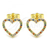 Oro Laminado Stud Earring, Gold Filled Style Heart Design, with Multicolor Micro Pave, Polished, Golden Finish, 02.94.0117.2