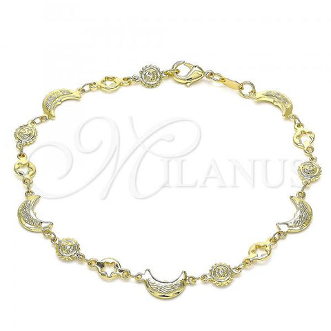 Oro Laminado Fancy Anklet, Gold Filled Style Moon and Sun Design, Polished, Golden Finish, 03.326.0020.10