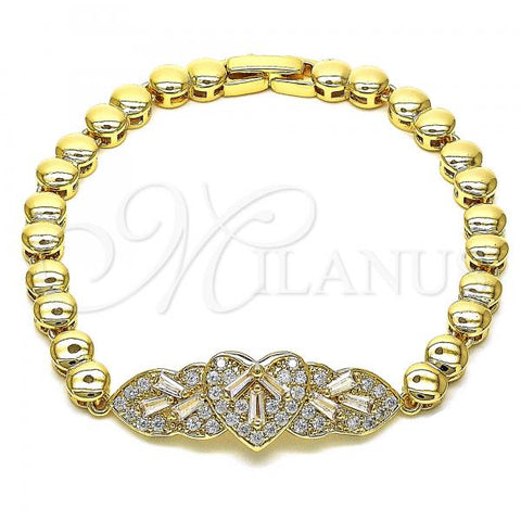 Oro Laminado Fancy Bracelet, Gold Filled Style Heart Design, with White Cubic Zirconia and White Micro Pave, Polished, Golden Finish, 03.283.0132.07