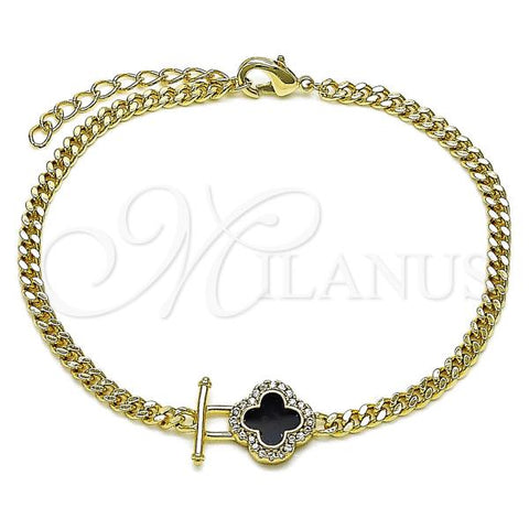 Oro Laminado Fancy Bracelet, Gold Filled Style Four-leaf Clover and Miami Cuban Design, with Black Mother of Pearl and White Micro Pave, Polished, Golden Finish, 03.213.0319.1.07