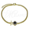 Oro Laminado Fancy Bracelet, Gold Filled Style Four-leaf Clover and Miami Cuban Design, with Black Mother of Pearl and White Micro Pave, Polished, Golden Finish, 03.213.0319.1.07