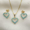 Oro Laminado Earring and Pendant Adult Set, Gold Filled Style Heart and Box Design, with Aquamarine Opal, Polished, Golden Finish, 10.58.0008