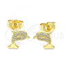 Oro Laminado Stud Earring, Gold Filled Style Dolphin Design, with White Micro Pave, Polished, Golden Finish, 02.156.0586