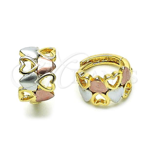 Oro Laminado Huggie Hoop, Gold Filled Style Heart Design, Polished, Tricolor, 02.196.0105.12