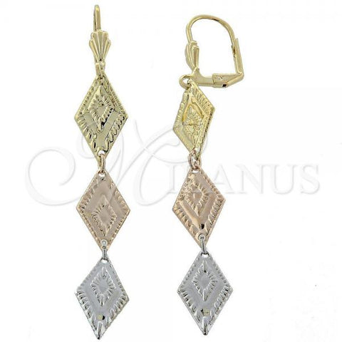 Oro Laminado Long Earring, Gold Filled Style Diamond Cutting Finish, Tricolor, 02.63.2170