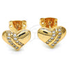 Oro Laminado Stud Earring, Gold Filled Style Heart Design, with White Micro Pave, Polished, Golden Finish, 02.213.0143