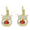 Oro Laminado Leverback Earring, Gold Filled Style Owl Design, with Garnet and White Cubic Zirconia, Polished, Golden Finish, 02.210.0434.1