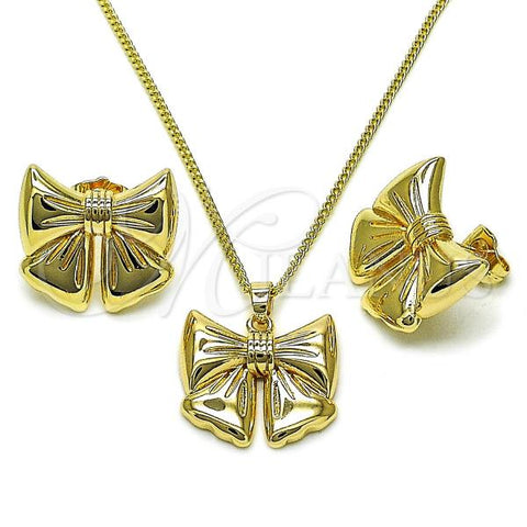 Oro Laminado Earring and Pendant Adult Set, Gold Filled Style Bow Design, Polished, Golden Finish, 10.60.0004