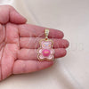 Oro Laminado Fancy Pendant, Gold Filled Style Teddy Bear Design, with White Crystal, Pink Resin Finish, Golden Finish, 05.196.0011