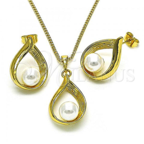 Oro Laminado Earring and Pendant Adult Set, Gold Filled Style Teardrop Design, with Ivory Pearl, Polished, Golden Finish, 10.379.0038