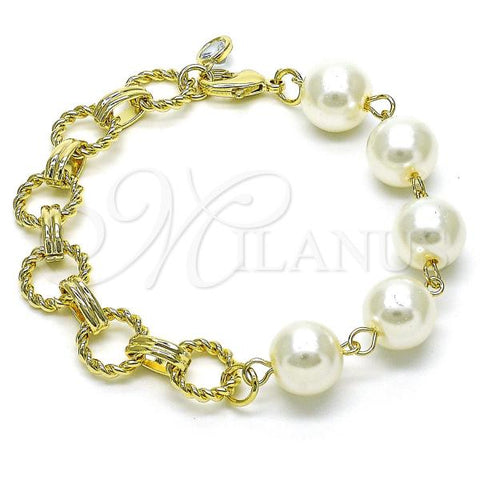 Oro Laminado Fancy Bracelet, Gold Filled Style Ball and Twist Design, with Ivory Pearl, Diamond Cutting Finish, Golden Finish, 03.331.0275.08