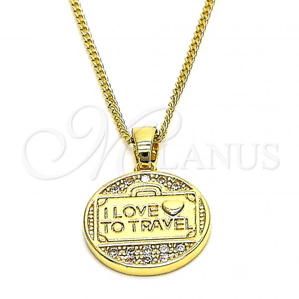 Oro Laminado Pendant Necklace, Gold Filled Style Heart and Love Design, with White Micro Pave, Polished, Golden Finish, 04.193.0005.18