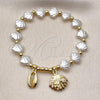Oro Laminado Fancy Bracelet, Gold Filled Style Shell and Expandable Bead Design, with White Cubic Zirconia and Ivory Pearl, Polished, Golden Finish, 03.341.0260.07
