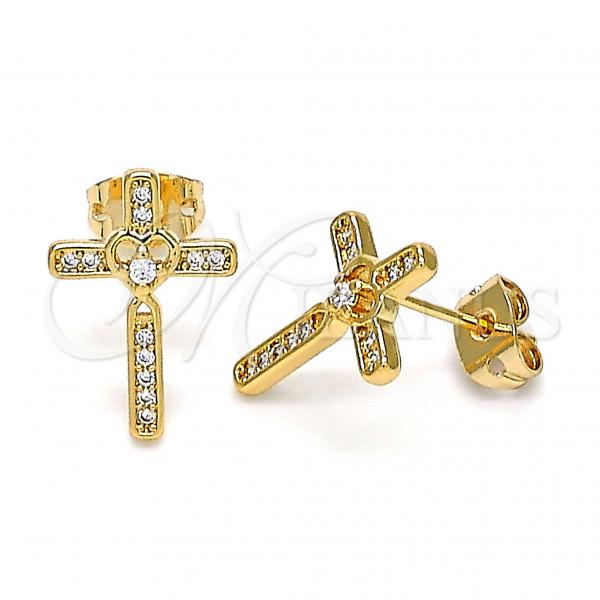 Oro Laminado Stud Earring, Gold Filled Style Cross Design, with White Micro Pave, Polished, Golden Finish, 02.213.0301