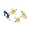 Oro Laminado Stud Earring, Gold Filled Style Evil Eye and Elephant Design, Blue Enamel Finish, Golden Finish, 02.381.0002