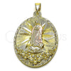 Oro Laminado Religious Pendant, Gold Filled Style Guadalupe and Flower Design, Diamond Cutting Finish, Tricolor, 05.213.0056.1